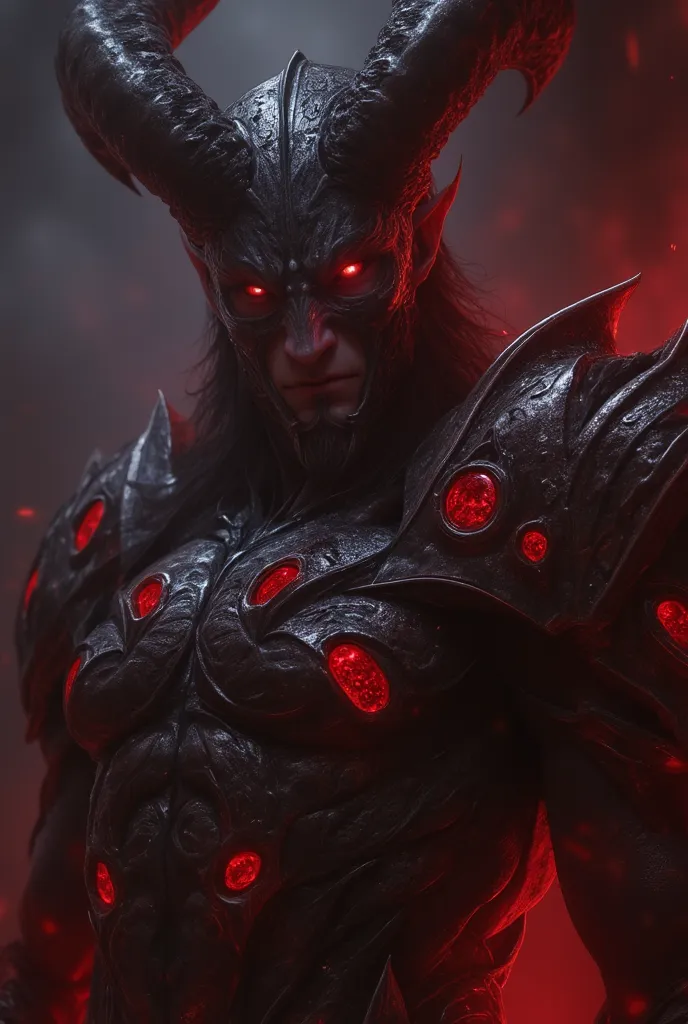 darkness god warrior, intricate detailed character portrait, brooding dramatic expression, powerful muscular figure, ornate dark armor with glowing runes, intense piercing gaze, majestic horns and demonic features, dramatic moody lighting, dark fantasy env...