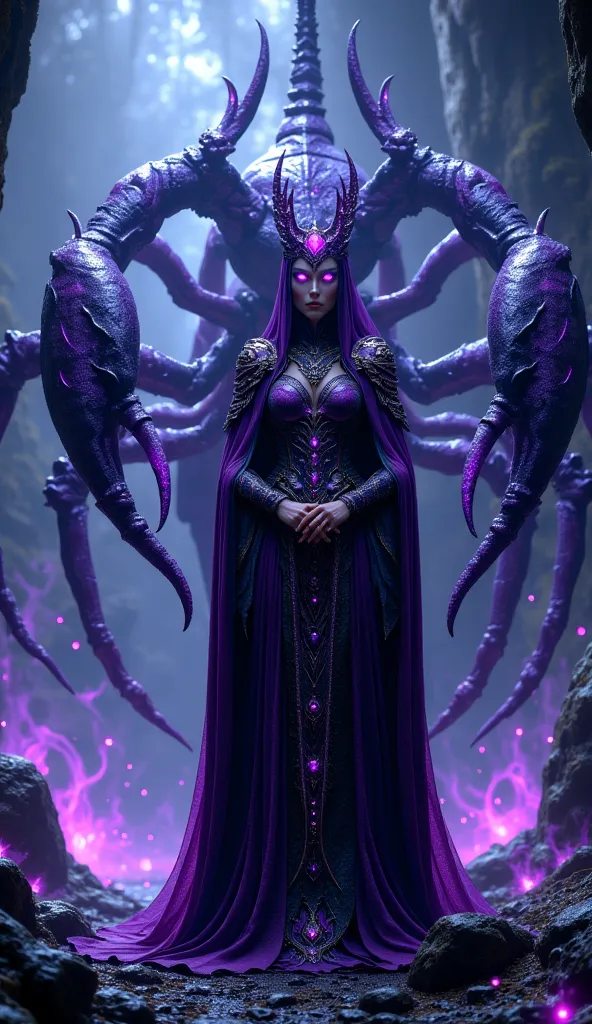 Masterpiece, very realistic, 8k Ultra HD, A mysterious queen in dark violet robes, wearing a crown of obsidian. Her guardian, a towering spectral scorpion with a venomous tail, lurks in the shadows. Her kingdom is a twilight land filled with ancient secret...