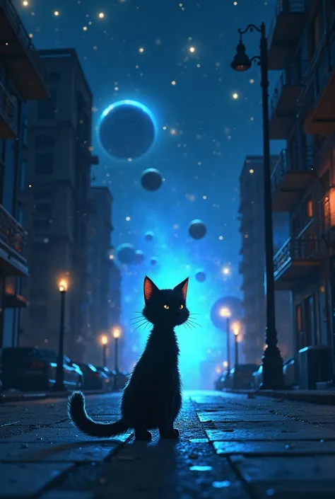 A cinematic short animation of a mysterious cat named Max. The scene starts with Max walking down a quiet street at night, his eyes glowing slightly in the darkness. Soft, mysterious background music plays. The camera zooms in as he gazes at the night sky ...