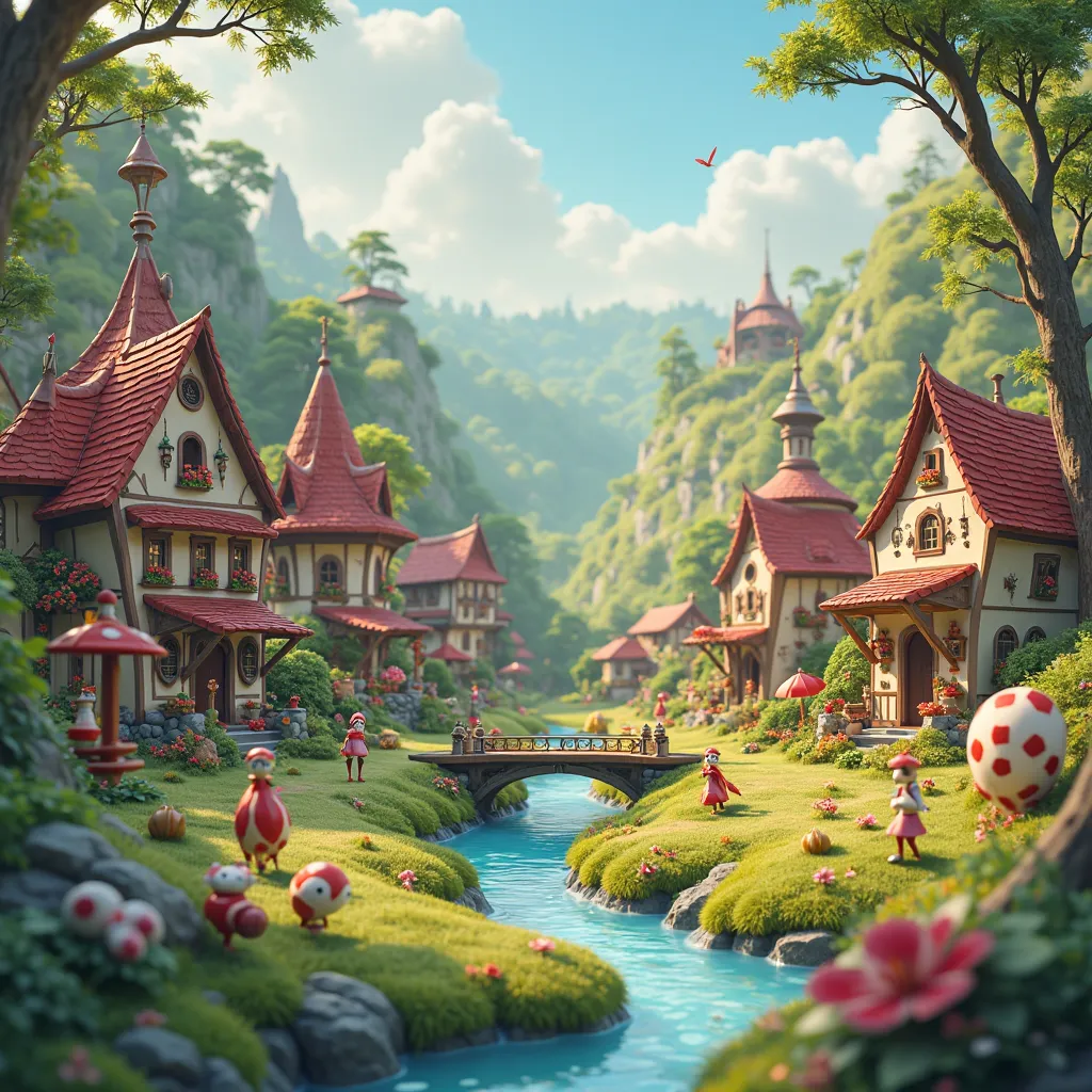 4k, Magical masterpiece, Pixar style, Fantasy Village 3d cartoon, and beautiful soft lighting