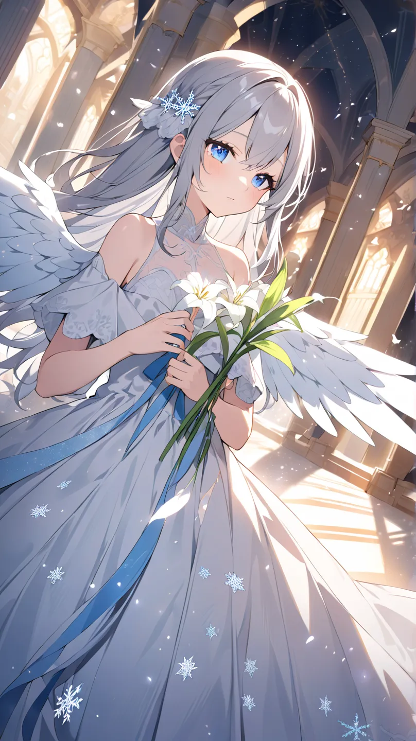 1 girl, Angel、 Snowflakes、palace、Lily flower、Blue Eyes, Grey Hair、Angelの羽、Angelの輪、Accessory, Dutch Angle, glitter effect, blurred background, lens flare, 