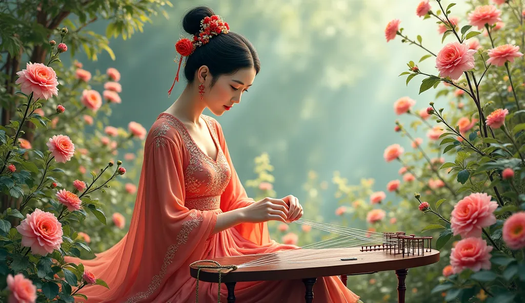 Beautiful Chinese lady wear show very big  playing a Chinese guzheng in the beautiful garden full of a lot of flowers.