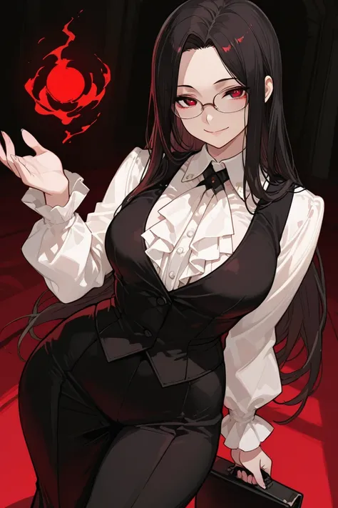 ((best quality)), ((masterpiece)), 1girl, long dark parted hair, cute red eyes, elegant look, glasses, beatiful hands, detailed pupils, detailed eyes, curvy body, medium breast, three quarter view, perspective, big hips, smile, e girl outfit