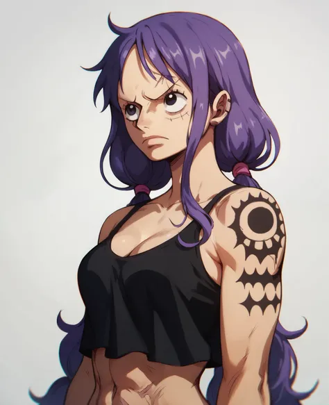 A character from the anime one piece. A woman, purple long hair, low pigtails, black tattoos, best quality, face scars, black top