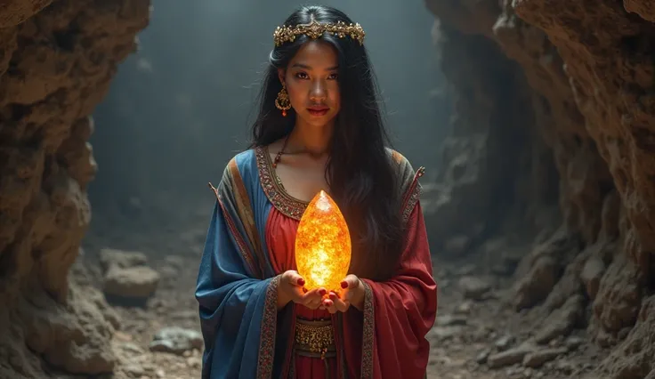 "Princess Among" (A Malaysian woman with long black hair is wearing a long tribal-looking dress that is blue on top, has a long-sleeved dress, and a red dress on the bottom)  holding the Heart of the Flame crystal, which glows with a radiant, golden light,...