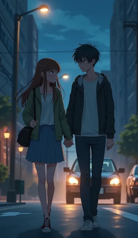 A bittersweet anime-style illustration of a 24-year-old woman and a young man walking side by side on a quiet street at night. Their hands are close, almost touching, but neither dares to take the next step. The woman glances down slightly, her heart racin...