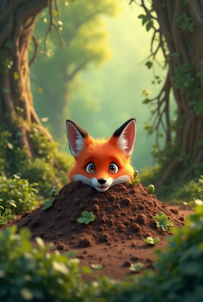 Fox hiding in the soil in the middle of the forest, full head of soil, in shock, forest background, 3d cartoon image