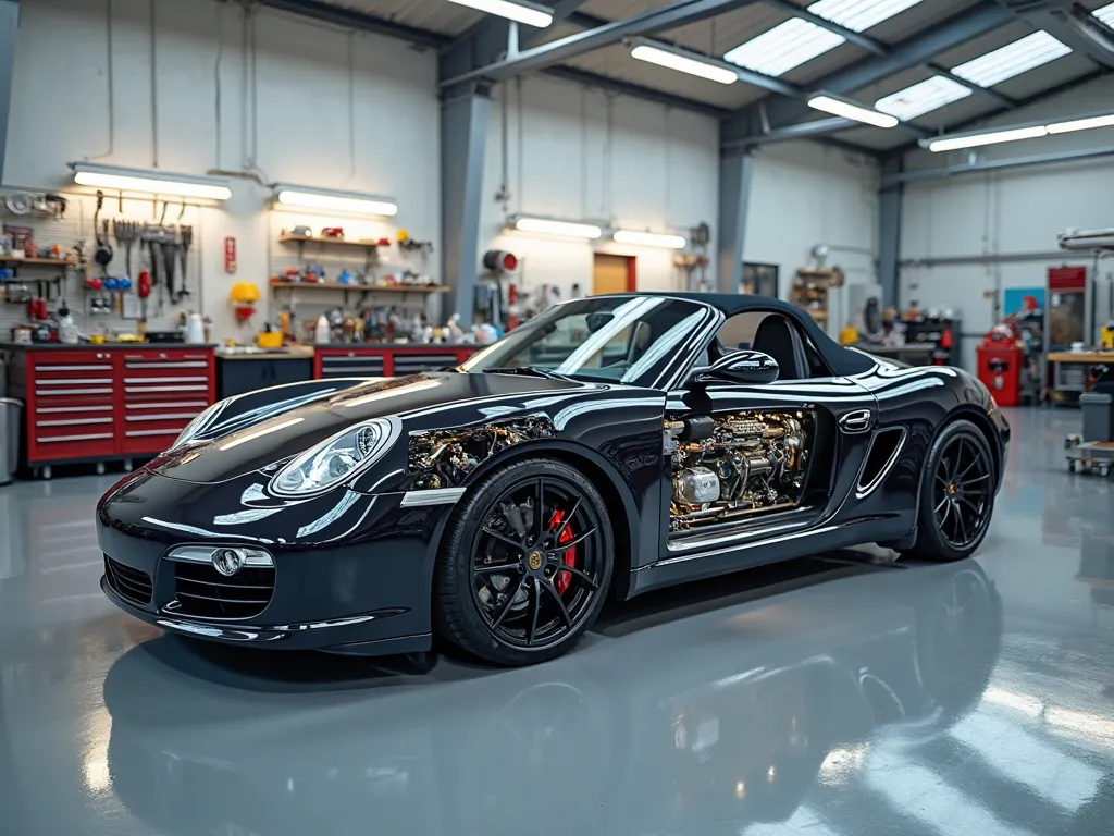 A Porsche Boxster 987.2 captured in a full side view, parked inside a bright, mechanical garage. The car is positioned prominently, showcasing its sleek design and aerodynamic lines. revealing mechanical components beneath, with tools and equipment scatter...