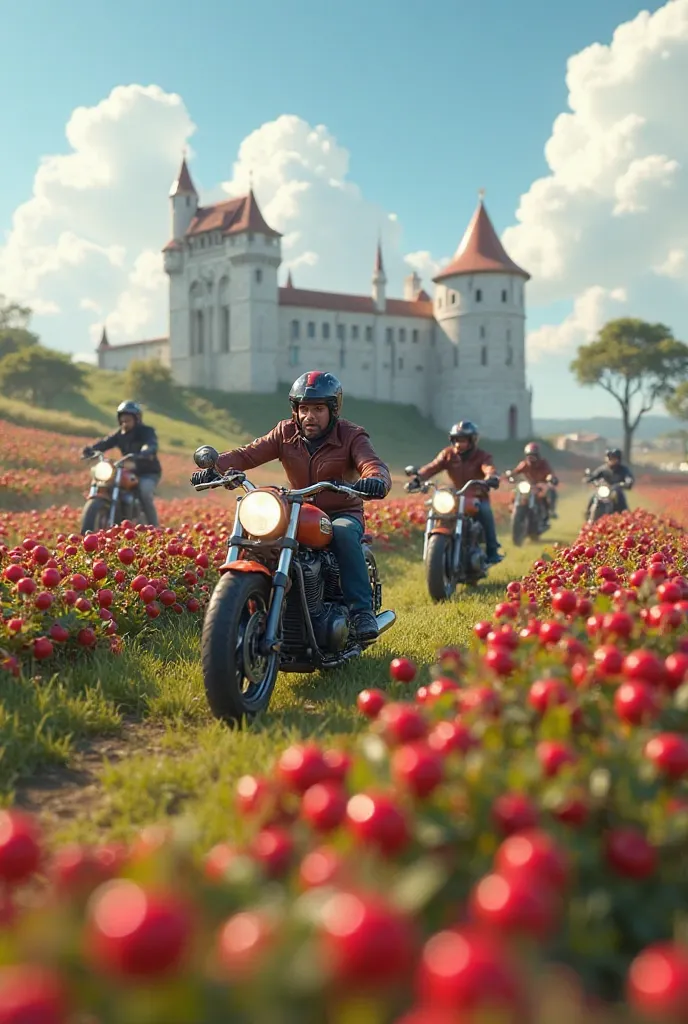 creates an animated image of a group of six motorcyclists in a sour cherry field. In the background, Put together the castle of Óbidos de Portugal 