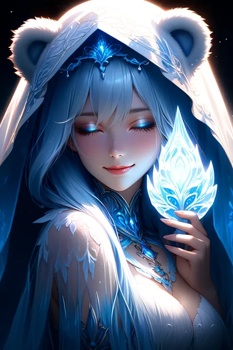 Task Information: Full view, general BREAK/a beautiful young girl BREAK/a splendid ice nymph with a bear head hood on her head, BREAK she has fur around her neck and on her shoulders BREAK/ the hood covers her eyes, only her mouth is visible BREAK/ long ha...