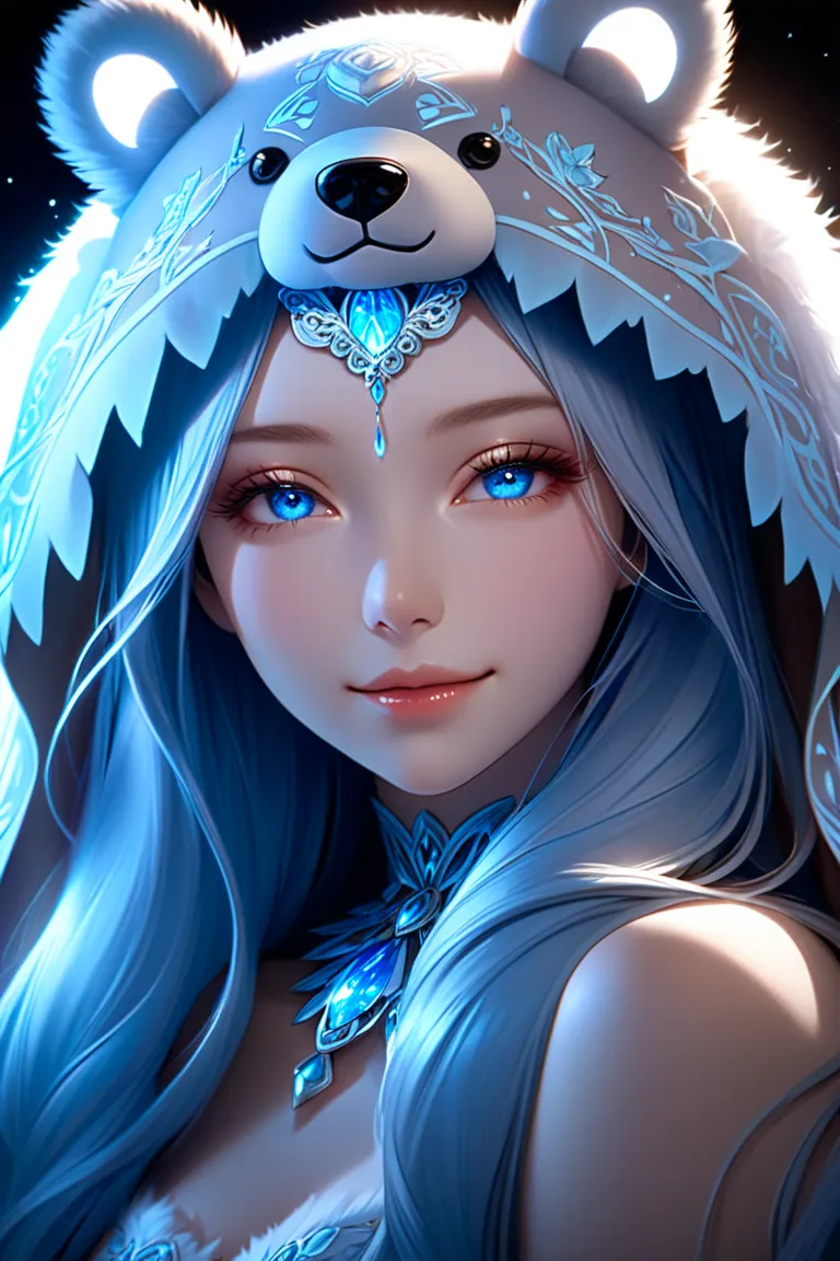 Task Information: Full view, general BREAK/a beautiful young girl BREAK/a splendid ice nymph with a bear head hood on her head, BREAK she has fur around her neck and on her shoulders BREAK/ the hood covers her eyes, only her mouth is visible BREAK/ long ha...