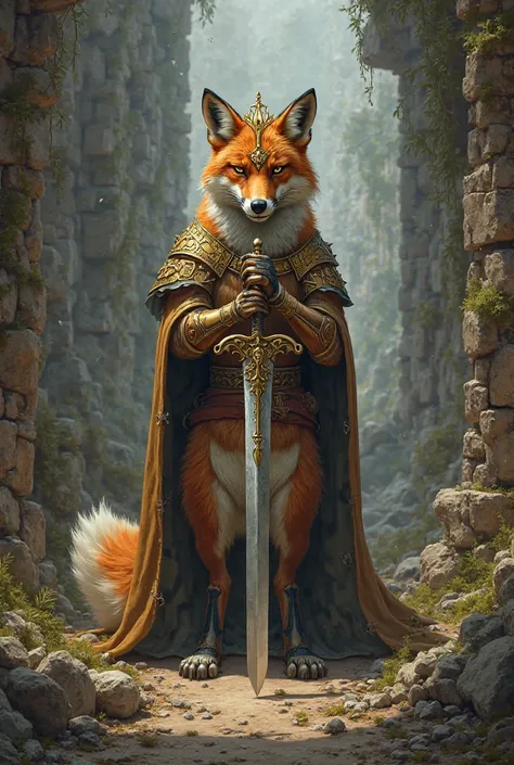 A fox wearing a crown and carrying a nice sword in the ruins full of s looks like a warrior