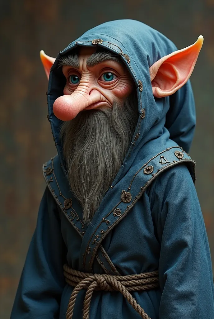 Create a dwarf creature he has features like 
His nose should be tall like carrot 
His ears should be like long eared dog touching to the ground 
He should have hump on his head which is hidden from the leather horrific cap
His eyes shape should be triangl...