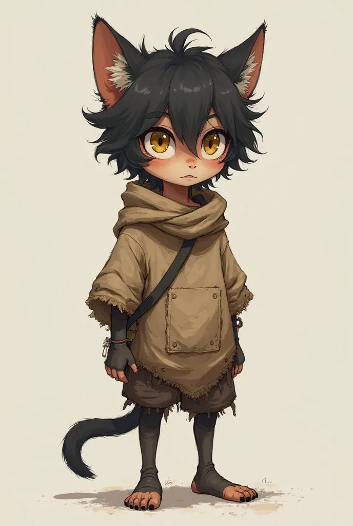 A young cat-like boy with short, messy dark hair that looks soft but slightly unkempt, giving him a wild and untamed appearance. His large amber eyes gleam with intelligence and sharpness, but also hold a hint of sadness from his harsh experiences. His ear...