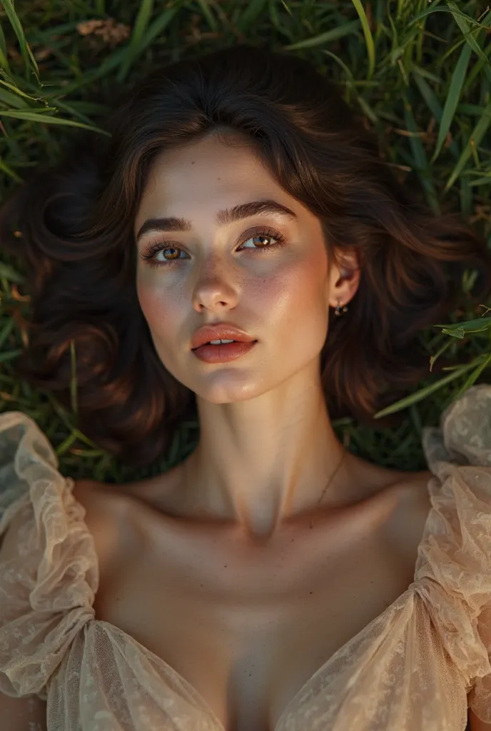 a beautiful young woman with fair skin and dark brown hair lying gracefully on lush green grass, her deep brown eyes gazing softly, elegant flowing dress, 8k, high resolution, hyper realistic, cinematic lighting, dramatic portrait, chiaroscuro, oil paintin...