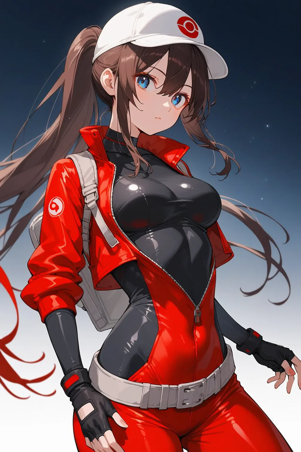 score_9, score_8_up, score_7_up, source_anime,  ((clothed)), solo, (1girl), (long ponytail),hair, between eyes, brown hair, blue eyes, (midium breasts), pale skin,shiny skin, ((She wears bodysuit, black bodysuit, jumpsuit, red jumpsuit, cropped jacket, red...