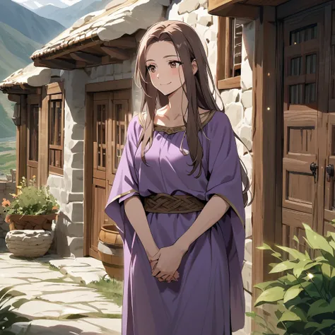 Elderly woman, adult, skinny,   long hair , brown hair, brown eyes, smile, Roman clothing, purple tunic,solo, no bangs ,in the mountains,Greek house,long hair, Stone House,Mother waiting for the  to return