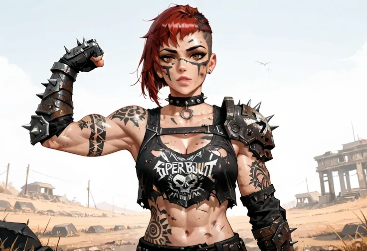 ((whole body)), master part, best quality , latina girl, super detail beautiful woman, whole body, redhead Asymmetric Undercut Haircut hair, redhead latina punk girl, post-apocalyptic world, torn and dirty clothes, Asymmetric Undercut Haircut, sides of sha...