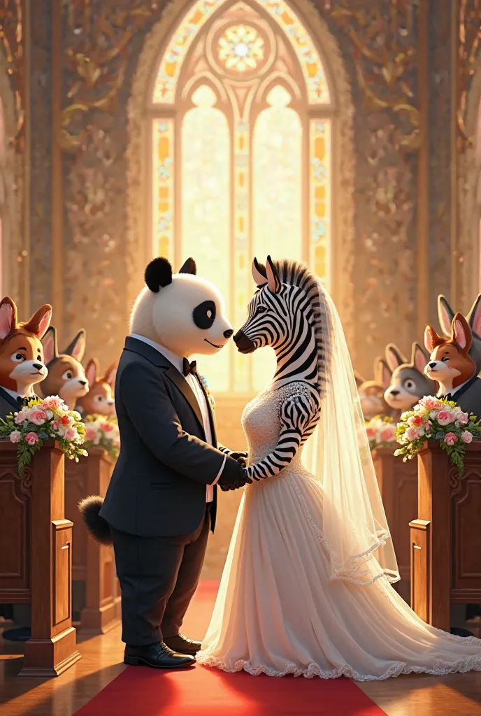 Panda bear dressed as a groom and a zebra as a bride getting married in church