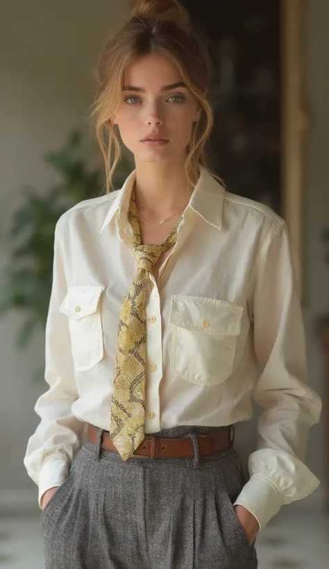 A woman shows off her clothes:  pearl-colored shirt and short jacket with graphite patch pockets. The look is complemented by a light lemon-colored snakeskin silk tie and a stylish brown belt. The girl stands half-sideways to the viewer. Girl's hands in he...