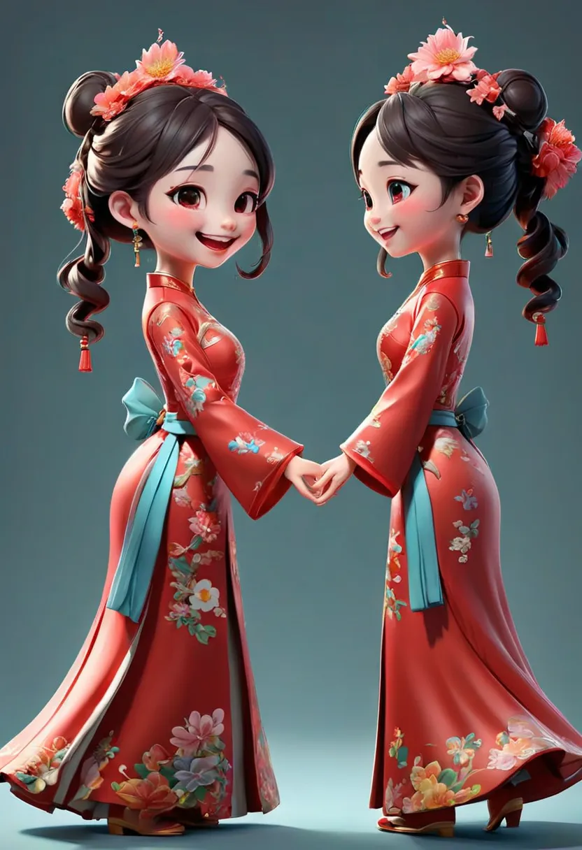 Two heads taller than，A Q version standing girl，Wear a Chinese-style red series wedding dress，full body，3d，character design， Happy and joyful ，Standing girl holding a bouquet of flowers，Highly Completed度，full body，Multiple angles，  front view，Right side vi...