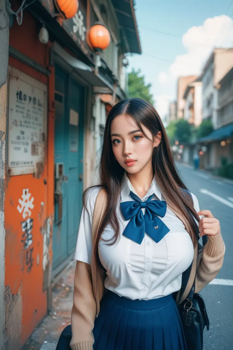 Hi-Res,  Hair , long hair ,  school uniform , Big Breasts , big boobs on an abandoned street corner , white blouse , navy blue pleated skirt