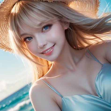 Delicate and beautiful CG artwork),( best quality ,  ultra detail ,  High Resolution ),( dynamic angle,   dynamic lighting ),( 1 character ),( long pink and blond hair),  blue eyes,  beautiful faces),  1 girl, ( long side, plant, smile,  long blue dress , ...