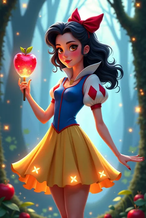 A magical girl inspired by Snow White, wearing a modernized and whimsical outfit. Her dress is a short, flowing design with shades of blue, yellow, and red, accented by glowing patterns of enchanted apples. She holds a crystalline apple-shaped wand, glowin...