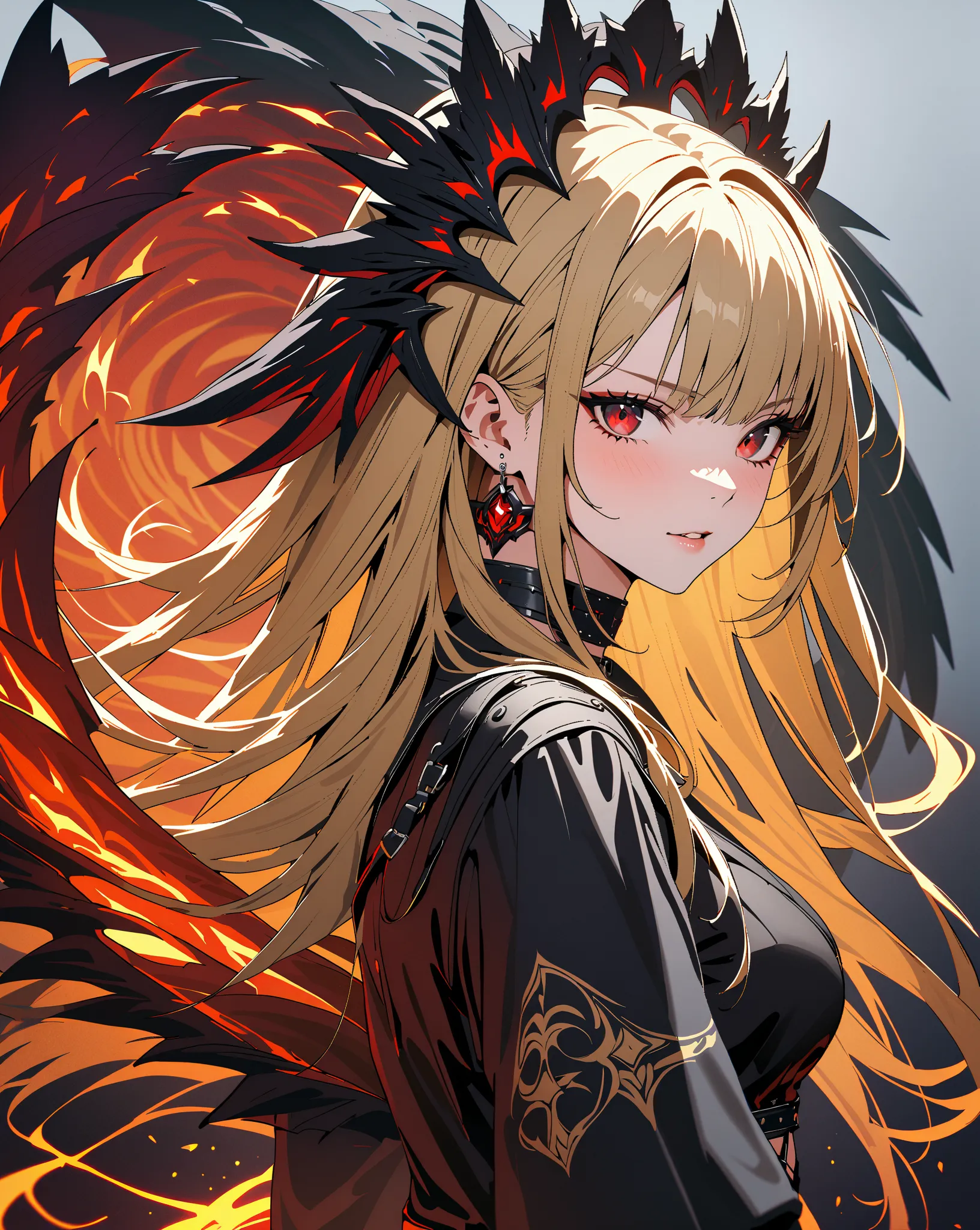 Demon World, Fallen Angel, Spiral of Fire, Ever Darkness, Yatsubasa, Kitagawa Marin,  1girl , blonde hair, long hair, multicolored hair, red eyes, jewelry, earrings, piercing, black choker, masterpiece:1.5, highest quality, UHD, retina, masterpiece, accura...