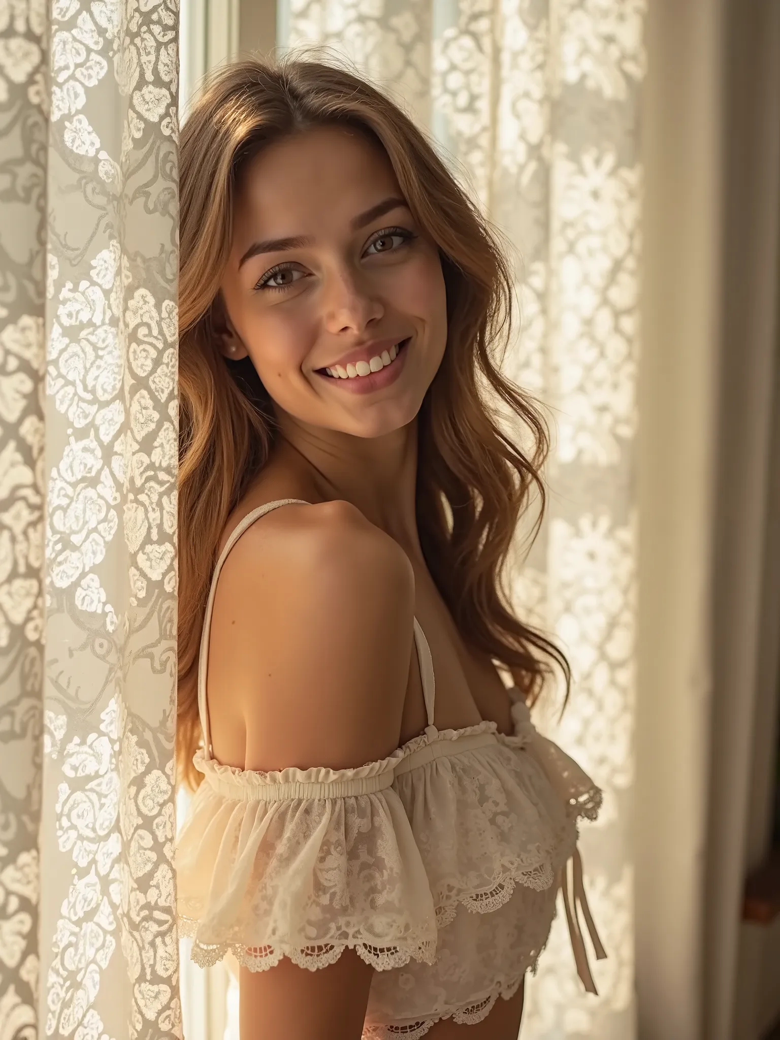 A breathtaking young woman with radiant skin and delicate features stands near a large window, partially covered by a sheer lace curtain. The sunlight streams through the lace, casting intricate, artistic patterns of light and shadow across her face and bo...