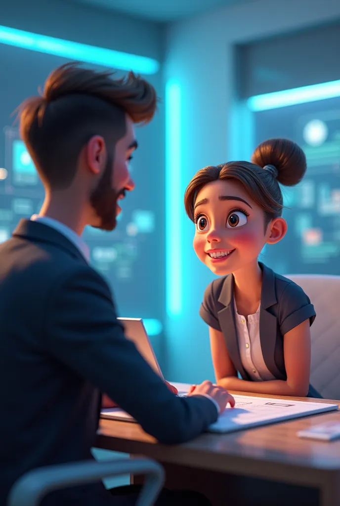 a girl interviewing the ceo of the company animated