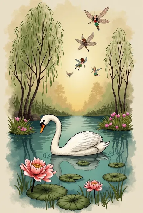 A tattoo design inspired by Shirley barber fairy books. There is an image she did with a swan, Lily pads, some willow trees in the background, and three fairies flying above a lake that I’d like to take inspiration from.show me what it will look like as a ...