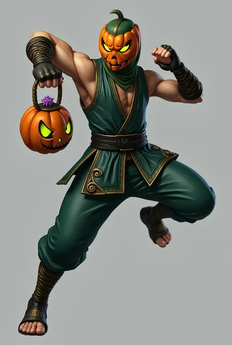 This character is wearing an outfit inspired by Halloween or a spooky theme. Here's a detailed breakdown of what he is wearing and doing:

### **Clothing & Accessories:**
1. **Mask:** A pumpkin-shaped mask with glowing green eyes, black carved details rese...