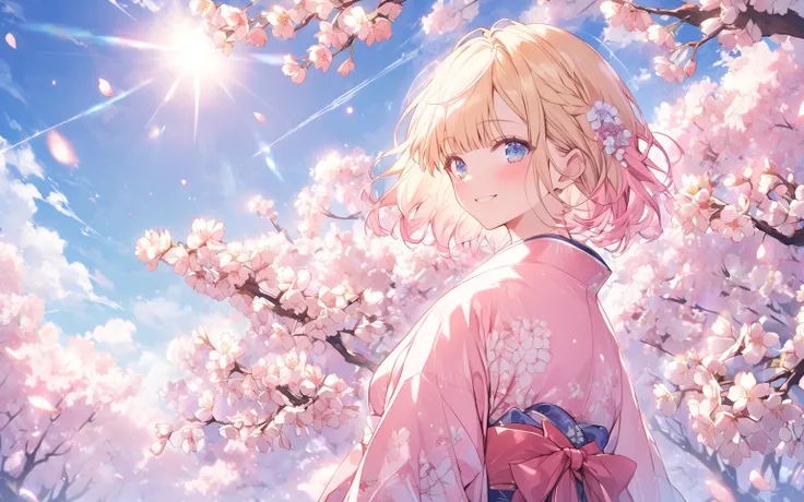 Pretty Girl, smile, , soft lighting,, Solar flare, Pink Glassesをかけた少女、Blue Eyes, Gold、bob hair、 bangs,  short hair、、alone、Pink Glasses、blond hair、pink kimono、Navy blue hakama、cherry blossoms、spring、cherry blossomsの花びら、Pink Glasses、cherry blossomsの髪飾り、cowbo...