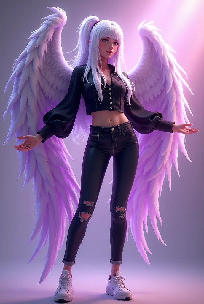 female gamer character Free Fire style, long white hair with purple, black flow blouse, Wings on the back, With black pants jeans, white tennis, Background of the image Lilas with rays