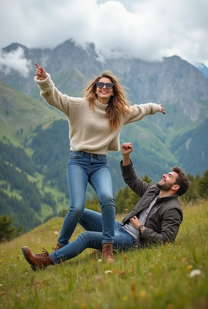 "A scenic mountain location with lush green hills and misty clouds. A cheerful young woman in a cozy woolen sweater and jeans playfully lifts her leg in excitement, with the wind blowing through her hair. She is wearing trendy sunglasses and a warm smile. ...