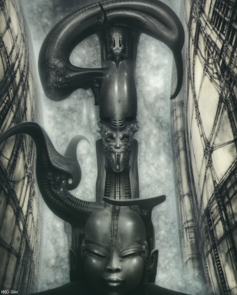 Please reproduce the original image as accurately as possible, capturing the intricate details of the biomechanical structures, the dramatic lighting, and the overall sense of unease. Find and enhance depiction of Giger's demons and creatures.(best quality...