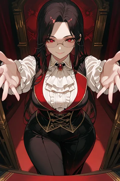 ((best quality)), ((masterpiece)), 1girl, long dark parted hair, cute red eyes, elegant look, glasses, beatiful hands, detailed pupils, detailed eyes, curvy body, medium breast, three quarter view, perspective, big hips, smile, aristocratic outfit