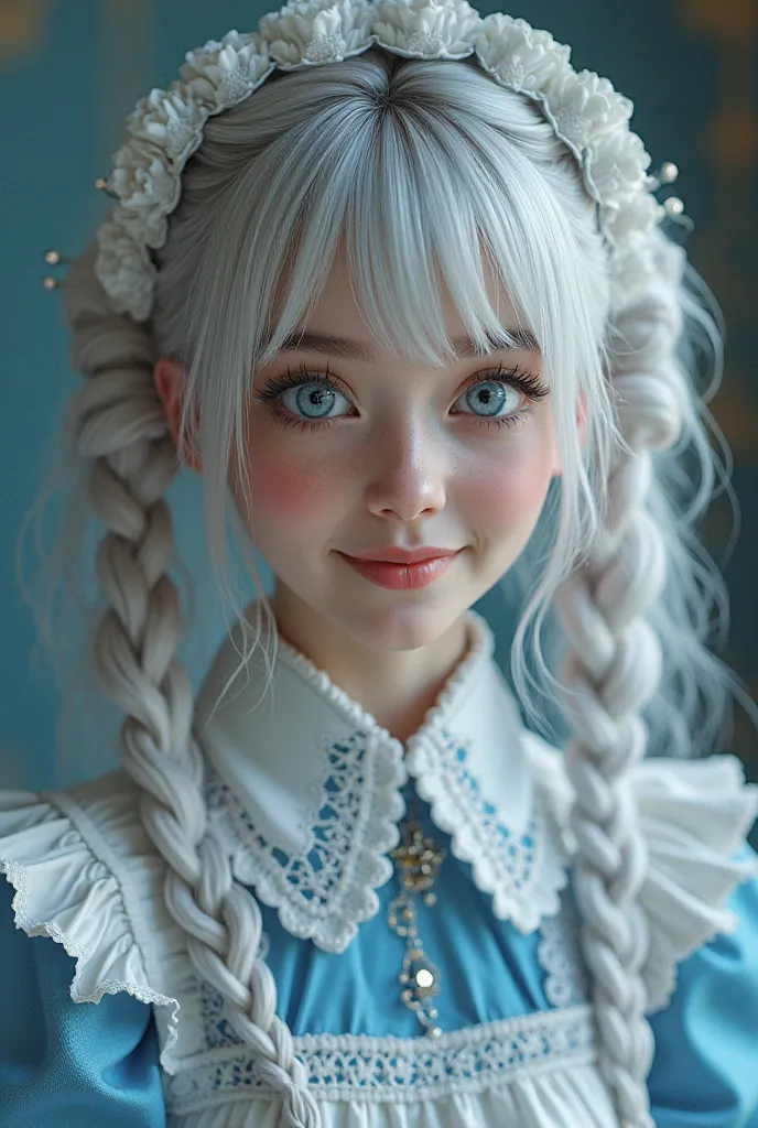 The hair is silver pigtails、is a woman in her 20s、 Blue Maid Outfit、looking at me and smiling、6 heads、 white skin、Blue Eyes