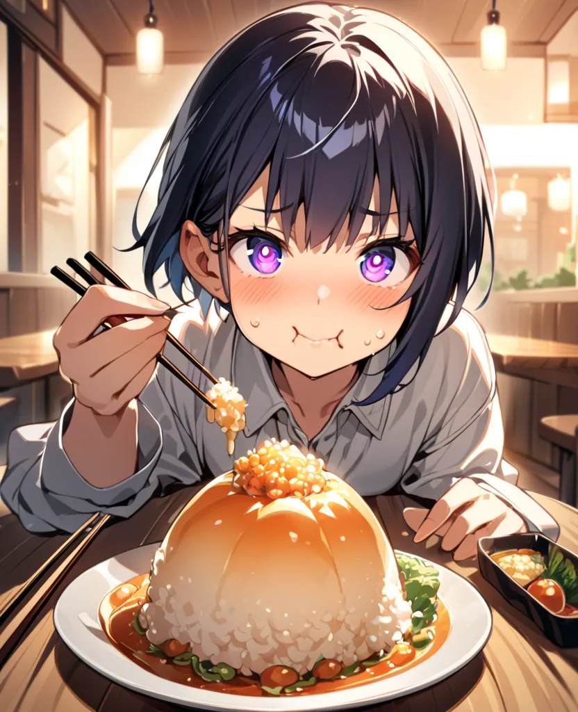 masterpiece, best quality, 1girl, solo, short hair, pixie cut, tomboy, boyish style, POV perspective, first-person view, eating food, chopsticks in hand, small bite, puffed cheeks, bright eyes, cute expression, small mouth, blushing slightly, early 20s, pe...