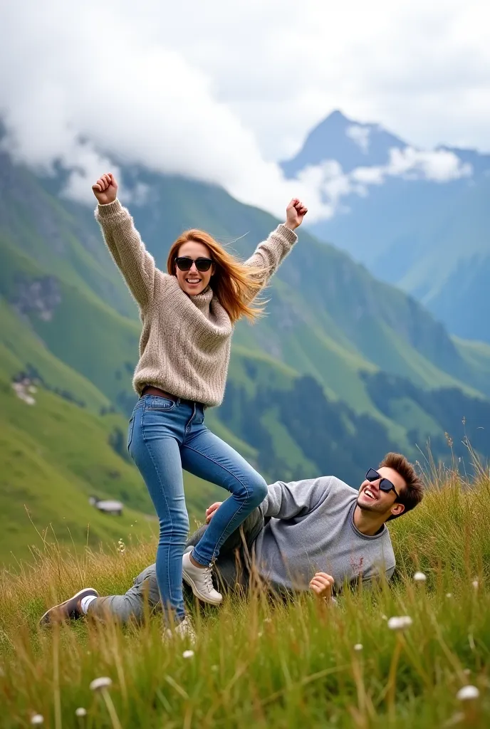 "A scenic mountain location with lush green hills and misty clouds. A cheerful young woman in a cozy woolen sweater and jeans playfully lifts her leg in excitement, with the wind blowing through her hair. She is wearing trendy sunglasses and a warm smile. ...