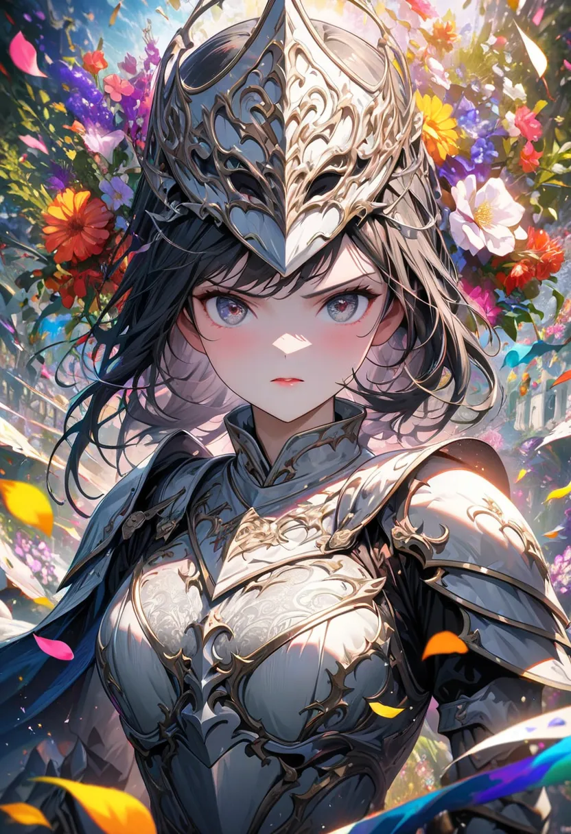 ((European woman, knight, western-style plate armor, white silver armor, serious face))), ((Absurd dress, high resolution, ultra high definition, (1 girl:1.3),mask, kaleidoscope-like imagery, symmetrical patterns, vibrant colors, geometric shapes, mesmeriz...