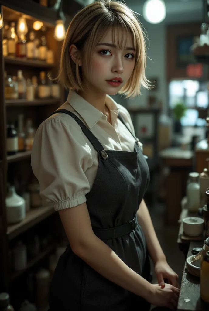 The young asian sexy woman Apothecary blond bob hair near ear, plying their trade both in the open and in secret. From the small corner stall of an apprentice, to the massive luxury stores of the Rank 7's, to the hidden Poison master in the darkest corner ...