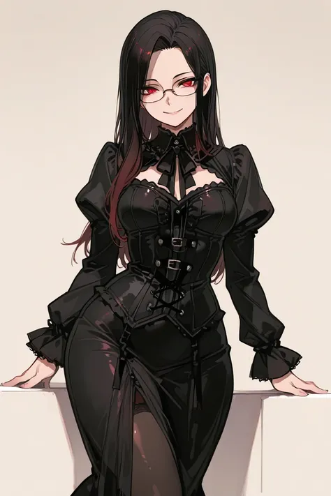 ((best quality)), ((masterpiece)), 1girl, long dark parted hair, cute red eyes, elegant look, glasses, beatiful hands, detailed pupils, detailed eyes, curvy body, medium breast, three quarter view, perspective, big hips, smile, gothic fashion outfit, sexy ...