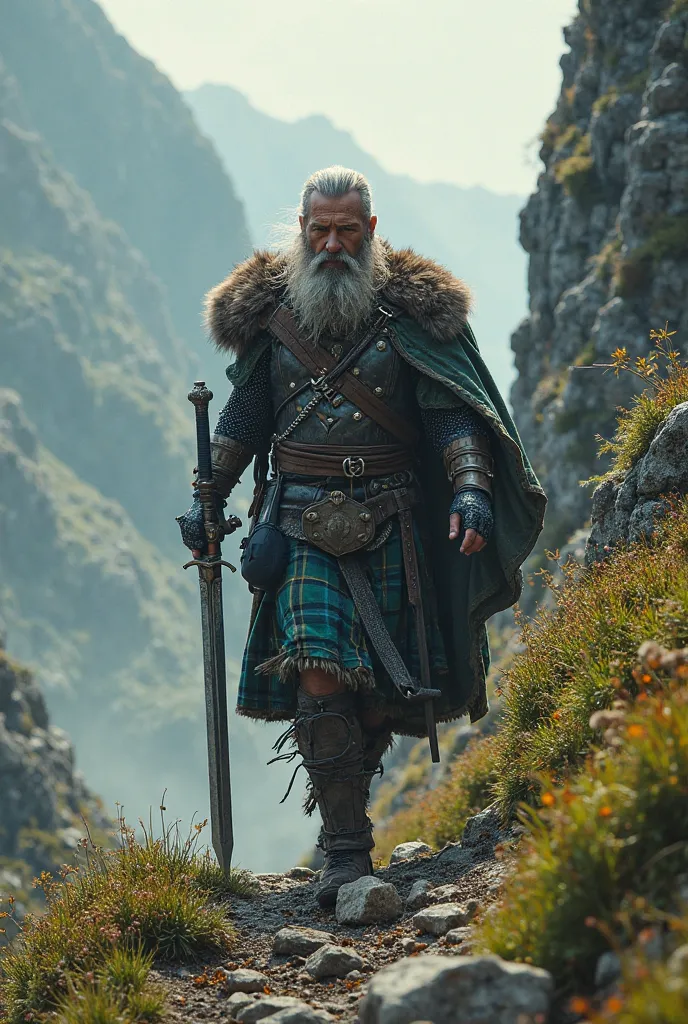 The Last Highlander. A bearded, highlander dressed in kilt and chainmail wields a large broadsword, storming up a slope.