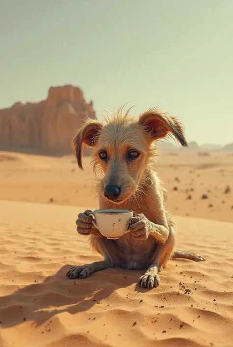 A skinny, disheveled dog drinking coffee in the Egyptian desert