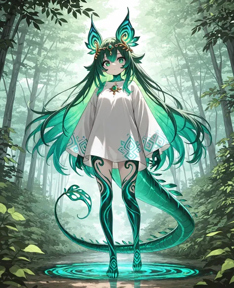 full body shirt:1.4, (best quality, masterpiece), A standing humanoid being, full body shirt. The hybrid creature's skin features , iridescent hues, leaves that range from deep emerald green to shimmering brown, creating a mesmerizing display of color an...