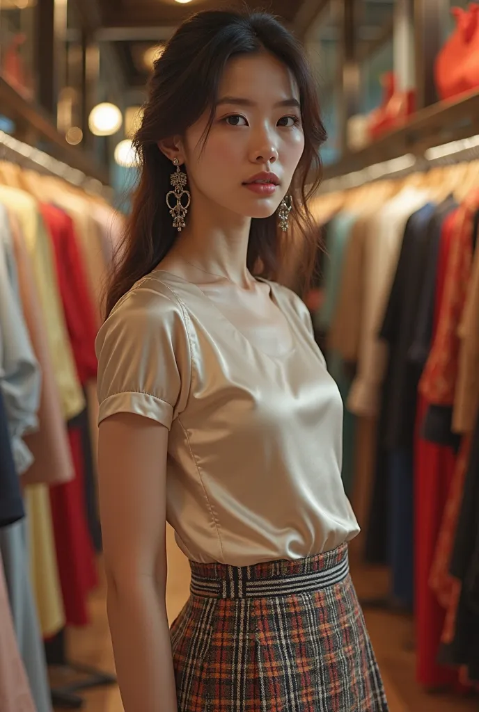  Taiwan Young Beauty ， Earrings，Fitted Silk Short-Sleeve Top，Scottish Style Skirt，stockings，high heels，looking at clothing store clothes at clothing store，Realistic photos