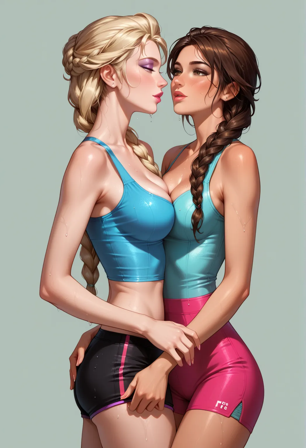 score_9, score_8_up, score_7_up, rating_safe, 2girls, duo, yuri, couple, very sexy (Elsa, blonde, braid:1.2), and very sexy (Lara Croft, brown hair, braid:1.3), (eyes half-closed:1.1), detailed eyes, detailed face, wearing (tiny yoga shorts, yoga tops:1.3)...