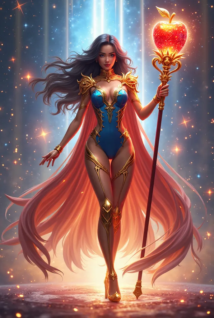 An ultimate magical girl form of Snow White, in a bold and dazzling outfit. The bodysuit is form-fitting, made of glowing, shimmering fabric in deep blue, radiant gold, and fiery red. The design highlights her figure, with flowing translucent cape-like det...